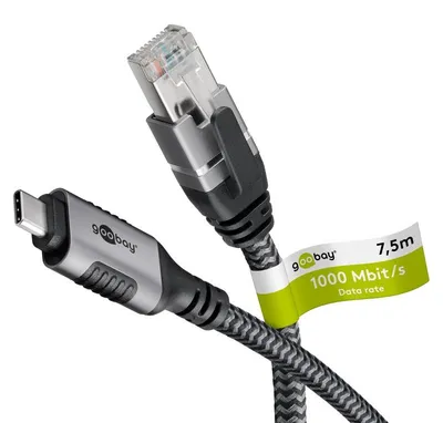 Produktbild von Goobay Ethernet-Kabel USB-C 3.1 auf RJ45, 7,5 m, verbindet Router, Modem oder Netzwerk-Switch mit dem USB-C-Port von Laptop, Tablet oder Smartphone