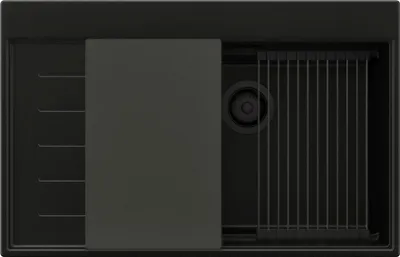 Produktbild von PRIMAGRAN Spülbecken Alles Schwarz 78x50cm, Granitspüle 1 Becken + Ablauf-Set + Küchenzubehörset, Küchenspüle ab 60er Unterschrank - Sydney