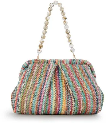 Produktbild von Unyqoos® Handgewebte Rattan-Schultertasche Damen 26 x 17 x 5 cm, Perlenhenkel & abnehmbare Metallkette, wandelbar zu Clutch, Polyester-Futter, Clipverschluss