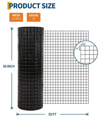 Immagine prodotto di Rete saldata zincata - recinzione per giardino - maglia da 1,27 cm - 19 Gauge - dimensioni 0,9 x 15 metri - colore nero