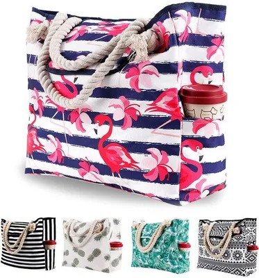 Immagine prodotto di Borsa da spiaggia in tela XXL per donna, marca Ibenzoa®, dimensioni 42 x 16 x 38 cm, resistente all'acqua e alla sabbia, realizzata in tela con fodera in poliestere, dotata di 3 tasche interne e 2 tasche laterali, con manici in corda di canapa