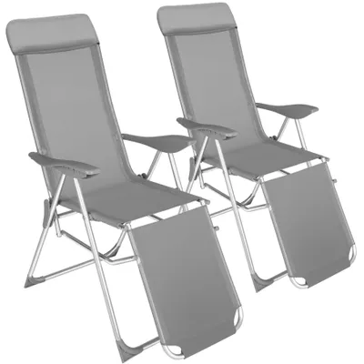 Image de 2 chaises de jardin pliantes en aluminium avec appui-tête et repose-pieds - gris