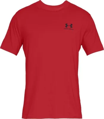 A red t-shirt with a black logo on the left chest.