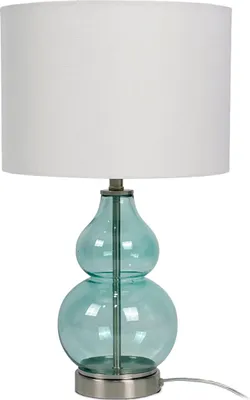 Produktbild von Relaxdays Tischlampe, Glasfuß & Stoffschirm, E14, HxD: 44 x 26 cm, Nachttischlampe mit Kabel, Schlafzimmer, weiß/blau