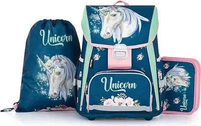 Produktbild von SCOOLSTAR Schulranzen Einhorn Mädchen 1 Klasse Tornister Schulrucksack Schultasche SET 3 teilig inkl. Federmäppchen und Sportbeutel für Grundschule.