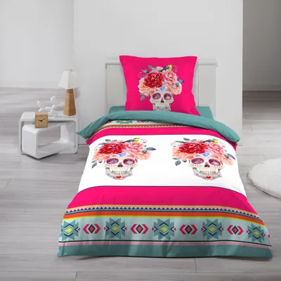 Produktbild von 2tlg Wende Bettwäsche 140x200 Flower Skull Baumwolle Bett Decke Bettgarnitur