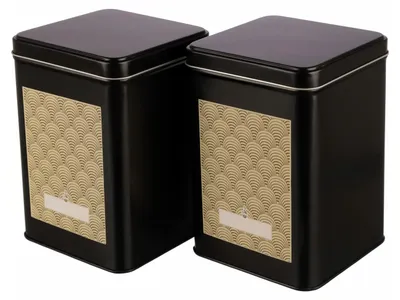 Produktbild von Dosenritter | 2 x eckige Teedose/Kaffeedose, schwarz, STAPELBAR, für je 400g Earl Grey, inkl. 2 Art Déco Klebeetiketten | 15,3 x 10,6 x 10,6 cm H,B,T
