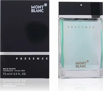 A product shot of Mont Blanc Presence eau de Toilette for men, showing both the packaging and the bottle.