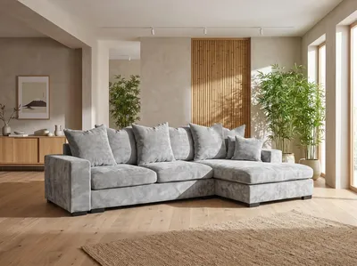 Produktbild von Ecksofa mit Schlaffunktion & Bettkasten – Hellgrau Chenille, Rechts – 3-Sitzer in L-Form mit Ottomane & Rückenkissen – 285 cm Breit, Liegefläche 243x140 cm, Großes Schlafsofa für Wohnzimmer