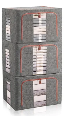 Produktbild von 3-teiliges Kleideraufbewahrungsset, faltbarer Kleiderschrank-Organizer mit Metallrahmen und 2 Sichtfenstern, Aufbewahrungstasche für Kleidung, Bettdecken und Decken.