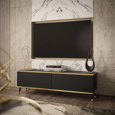 A modern living room with a TV stand and television.