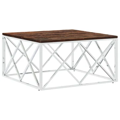 A square coffee table with a wooden top and a silver metal base.