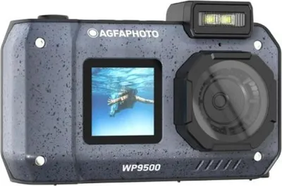 A close-up front view of a rugged, waterproof digital camera.