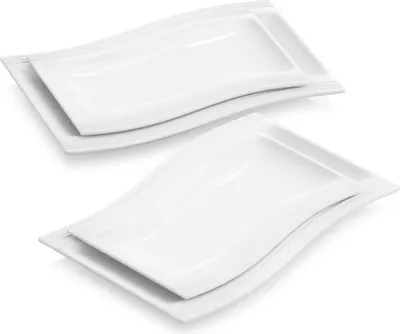 Produktbild von MALACASA, Serie Flora, 4 Tlg. Set Cremeweiß Porzellan 13,25&11 Zoll Servierteller Essteller Kuchenteller Dessertteller Rechteckig Servierplatte