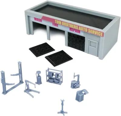 Productafbeelding van Model Auto Service Winkel - Diorama Garage Set - Modelbouw Scène - 3D Geprint Gedetailleerd - 1:64 Schaal - Grijs