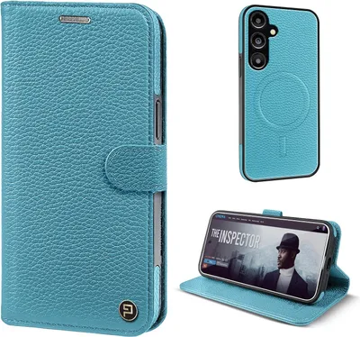 Produktbild von Echtleder Handyhülle für Samsung Galaxy S25 RFID Schutz Cover Leder Hülle Magnetring 2-in-1 Bumper abnehmbar Farbe: Türkis