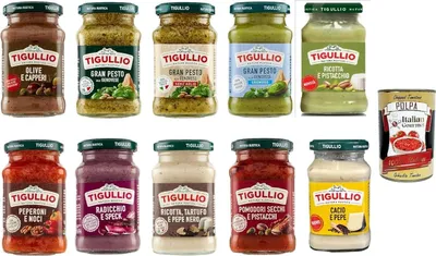 Produktbild von Tigullio Gourmet Saucen-Set, 10 x 190g, Pesto alla Genovese, Cacio e Pepe, Ricotta mit Trüffel, Pistazie, Oliven und weitere Sorten, Italienische Spezialitäten, + Italian Gourmet polpa 400g