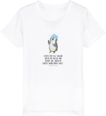 Produktbild von Mr. & Mrs. Panda Kleinkinder T-Shirt Pinguin Duschen 12-14 Jahre (152/164) - Weiß - Geschenk, Singen, Duschkonzert, Kindershirt, Dusche, Teenager, Kinder Baumwollshirt