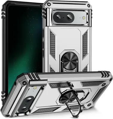 Obrázek produktu pro Pouzdro pro Google Pixel 8 dvouvrstvé robustní, vojenská ochrana pouzdro s držákem prstenu a stojánkem Stříbro