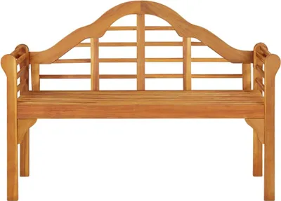 A wooden garden bench is shown against a white background.