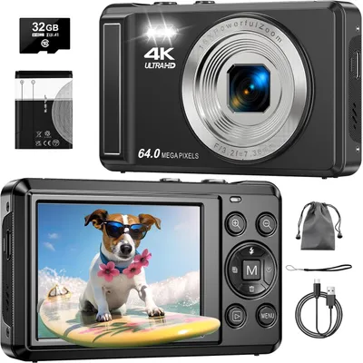 Produktbild von Digitalkamera, Fotokamera, Kompaktkamera, CCD Retro, 4K 64MP Kamera, 16X Digitalzoom, Autofokus Fotoapparat, mit 32GB SD-Karte und 2 Batterien