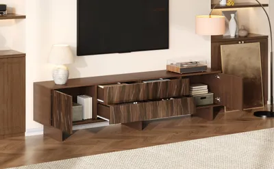 Immagine prodotto di Mobile TV okwish, mobile basso con ripiano - design ondulato per un arredamento di stile - spazio contenitivo con cassetti e ante per il soggiorno, noce