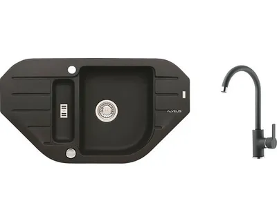 A black kitchen sink and faucet set against a white background.