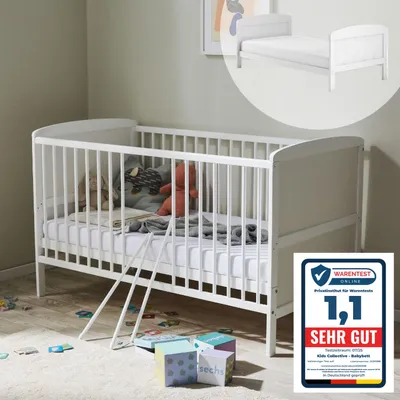 Produktbild von Babybett Kinderbett 70x140 cm Umbaubares Gitterbett höhenverstellbar & herausnehmbare Sprossen weiß von Geburt bis 6. Lebensjahr
