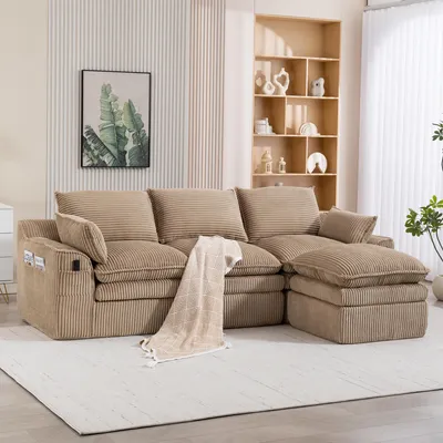 Produktbild von MODFU 3-Sitzer Sofa,Modulares Sofa mit 1 Hockern,Big Sofa mit Kissen & 2 Seitentaschen,Cord,Khaki