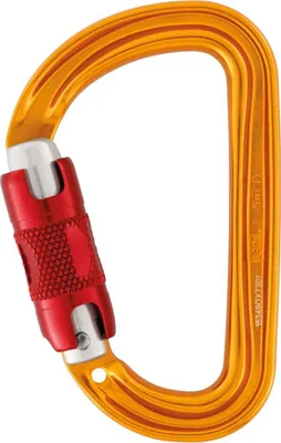 Verschluskarabiner Sm"D von Petzl in orange mit rotem Verschlussmechanismus.