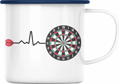 Produktbild von Trendation - Dart Herzschlag Geschenk Emaille Tasse Emaille Emaille Tasse Dartspieler Geschenkidee Darts Geschenke für Männer Frauen (Blau)