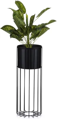 Produktbild von HowHomely Modern Pflanzenständer mit Topf, Blumenhocker aus Metall Schwarz 55 cm Höhe - Blumenständer für das Haus