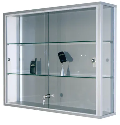 Produktbild von Wandvitrine, BxTxH 800x120x590 mm, Aluprofile, 2 Glasböden, Schiebetüren