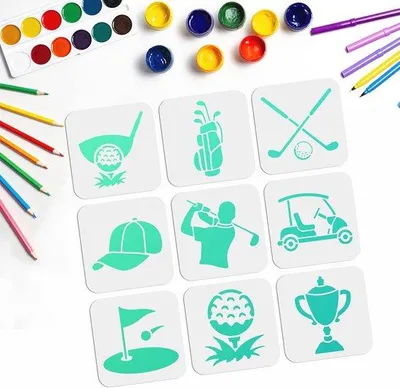 Produktbild von Golf Schablonen Set 9-teilig wiederverwendbar für Golfzubehör und Kreativmalerei