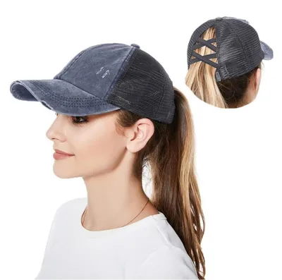 Immagine prodotto di Cappello da baseball estivo, regolabile, in rete, con apertura per la coda di cavallo, colore blu. Circonferenza della testa: 57-58 cm
