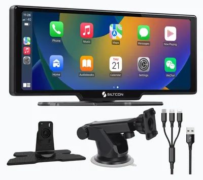 Productafbeelding van Siltcon® Geschikt voor CarPlay Scherm 10.26 Inch – Geschikt voor Android Auto Scherm – Draadloos - Navigatiesysteem Auto – Auto Scherm – Universeel – Touchscreen - Incl. Telefoonladers