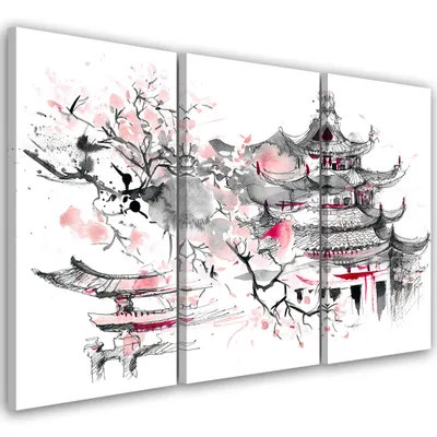 Produktbild von Triptychon auf leinwand städte und architektur - rosa 90x60 cm Feeby rosa wandbild bereit zum aufhängen