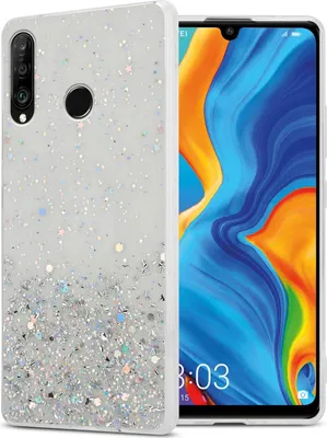 A phone case with glitter is shown next to a smartphone.