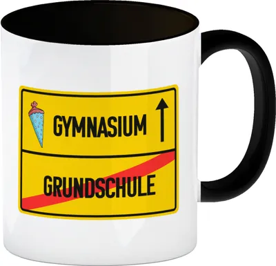 Produktbild von Gymnasium Ortsschild Kaffeebecher Schwarz zur Einschulung