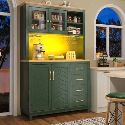 Produktbild von Flieks Küchenschrank mit LED-Lichtleiste & Getränkehaltern, Seitenboard mit 4 Türen, Aufbewahrungsschrank 105.5x40x180cm, Grün