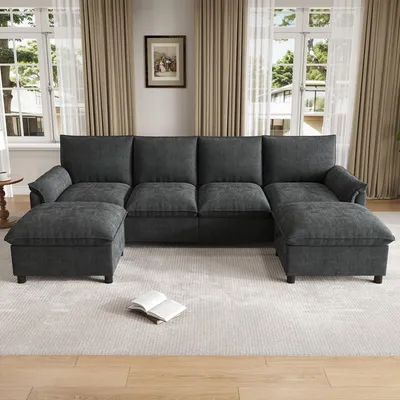 Produktbild von Merax U-Form Sofa, 4-Sitzer Ecksofa mit 2 Fußhockern, Modulares Cloud-Sofa mit Bettkasten, Chenille Couch Mit Stauraum, Soffa, Wohnzimmersofa, Schwarz