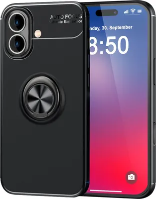 Produktbild von NALIA Ringhülle für iPhone 16 – Ring-Ständer 360° & für Magnet-Halter – GRIP360 (Mattiertes Silikon Case) – Marke aus Berlin – Schwarz
