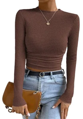 Produktbild von Haibang Langarmshirt Damen Eng Waffelstrick Rundhals Langarm Oberteile Slim Fit