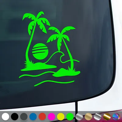 Produktbild von PantherPixel Palmen Aufkleber Meer Camping Bus Reisen Sonne Strand Sticker Auto Geschenkidee Farbe Neon-Grün