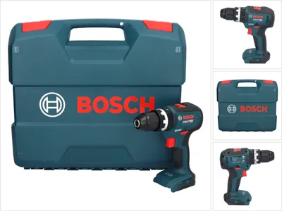 A collage of images showing a Bosch cordless hammer drill and its case.