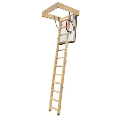 A wooden attic ladder extended from an attic opening.