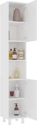 A tall, white cabinet with several shelves, some of which are open and display various toiletries and decorative items.
