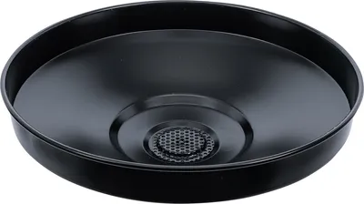 A black, round collection tray with a perforated center.