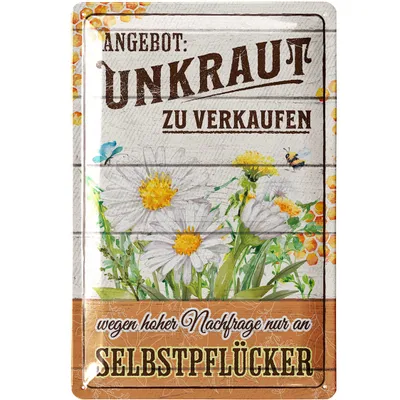 Produktbild von LANOLU Blechschild Unkraut zu Verkaufen Lustiger Garten Spruch Gartendeko Blumenbeet Terrasse Metallschild 20x30 cm
