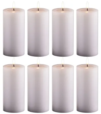 Obrázek produktu pro 8 velkých LED svíček ve tvaru sloupu, bílé barvy, s časovačem, průměr 7,5 cm, výška 15 cm - vyžadují 2 baterie AA. LED svíčka s efektem plamene, bez plamene. Velká LED svíčka, vánoční osvětlení